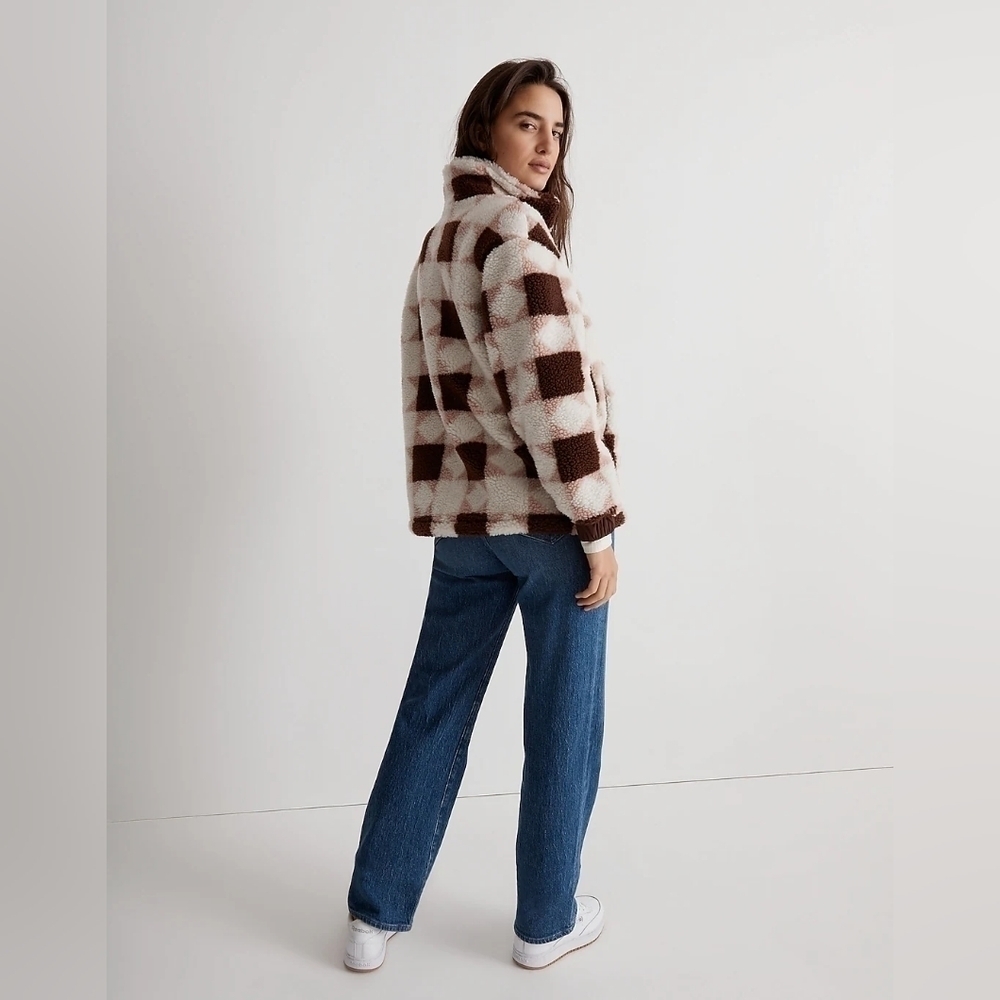 Madewell Sherpa quilted bomber women's jacket in patchwork stars XS white brown - Picture 2 of 11